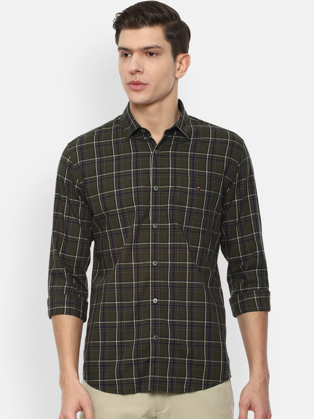 

Louis Philippe Sport Men Olive Green & White Slim Fit Checked Pure Cotton Casual Shirt