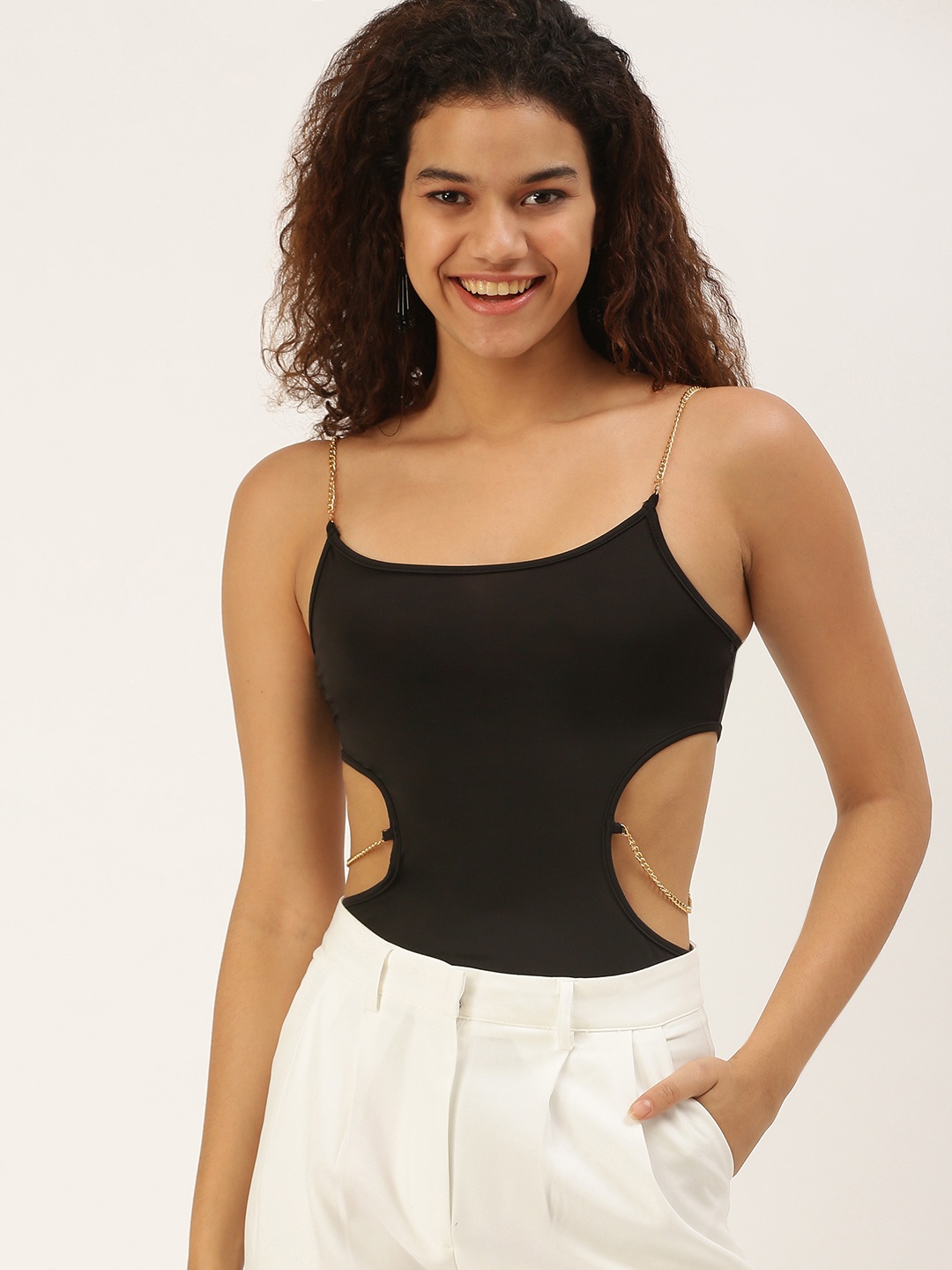 

FOREVER 21 Black Solid Shoulder Strap Top With Cut Out Detail