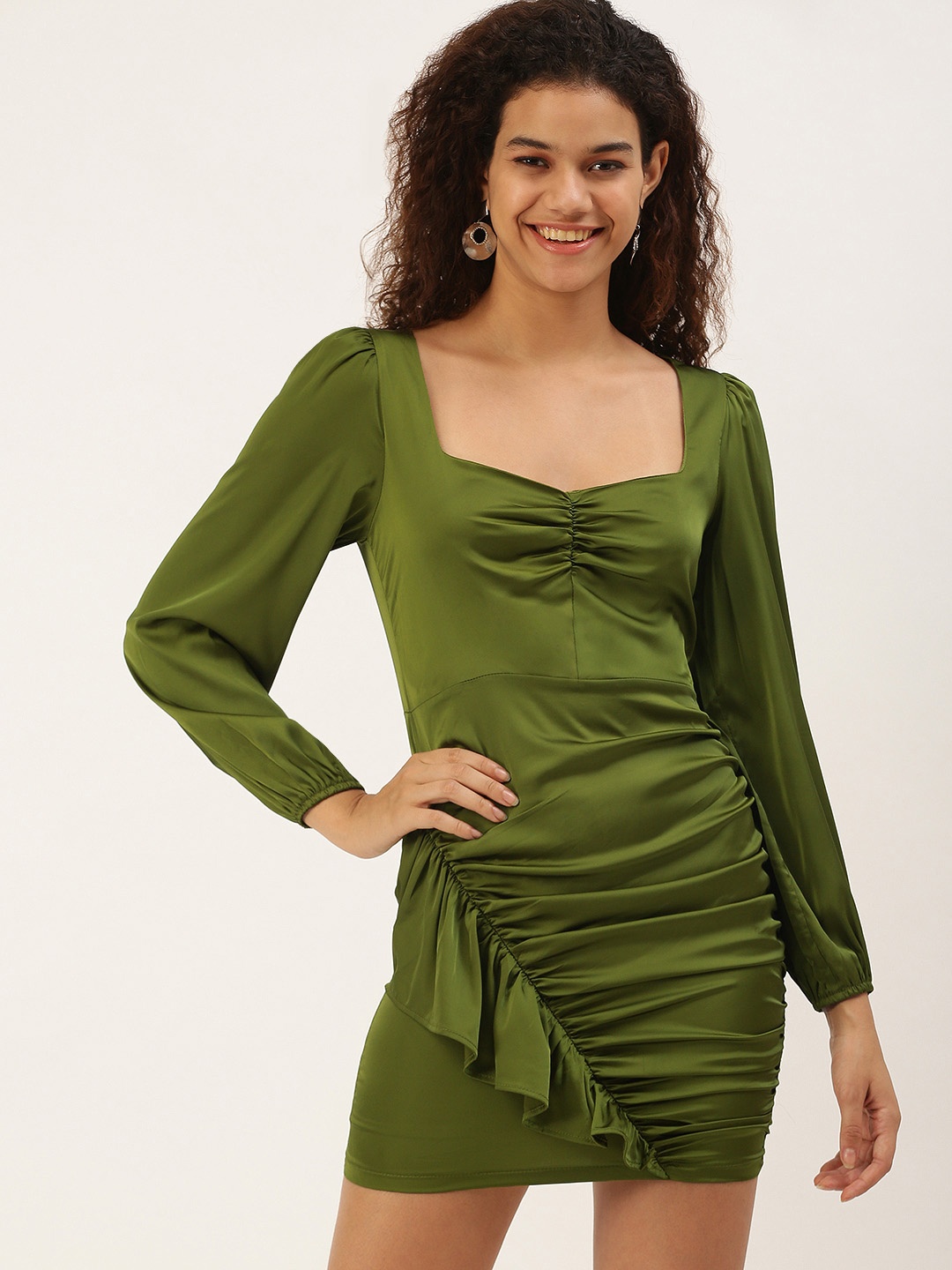 

FOREVER 21 Olive Green Solid Bodycon Ruffled And Ruched Mini Dress