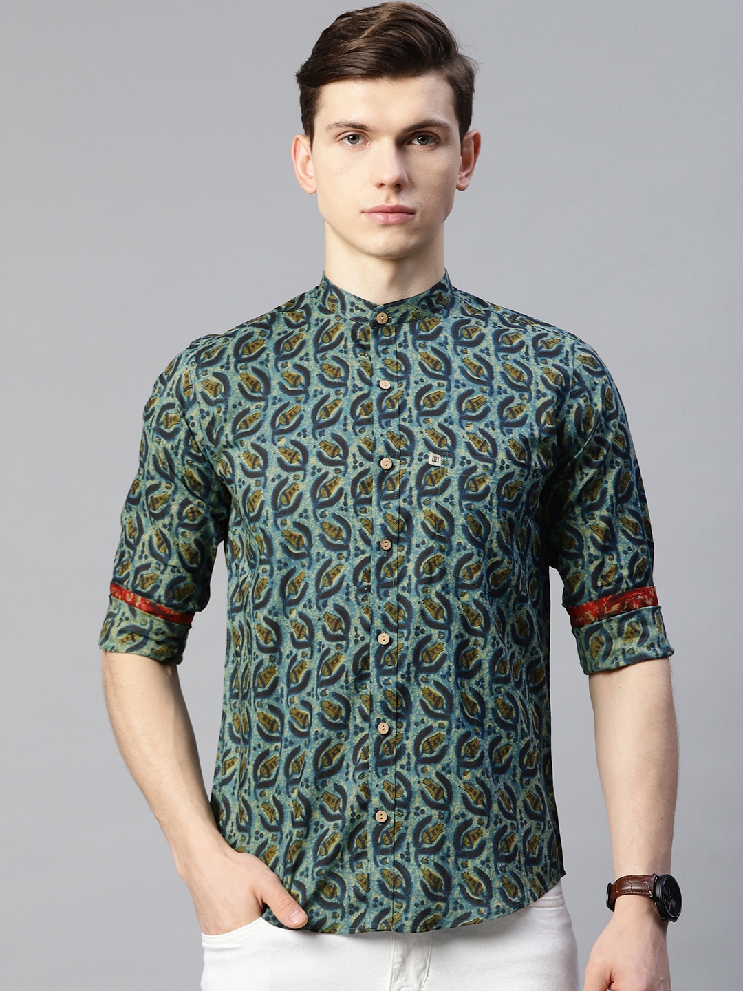 

Readiprint Fashions Men Olive Green & Blue Comfort Printed Cotton Casual Shirt
