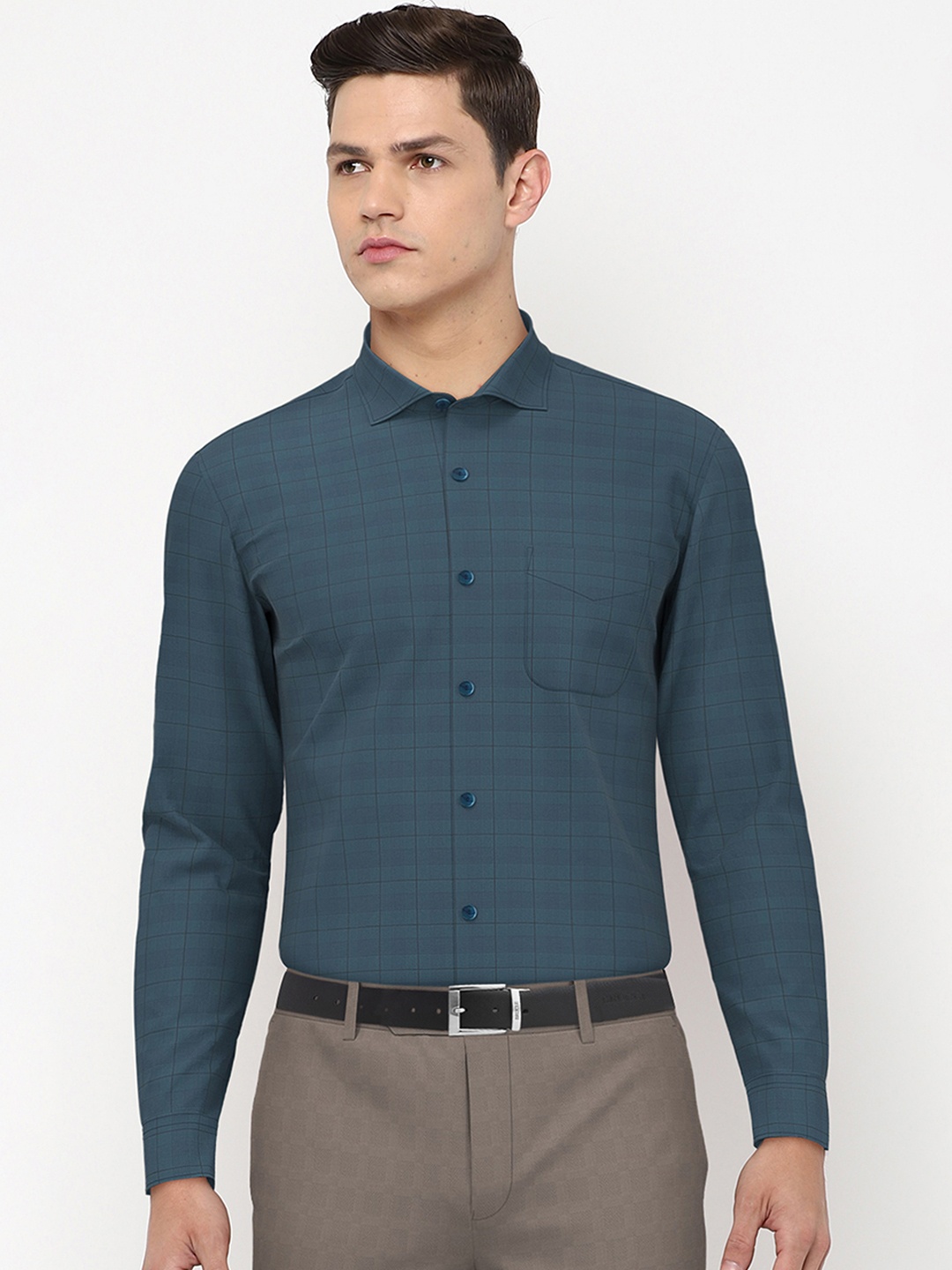 

Peter England Elite Men Teal Green & Black Slim Fit Checked Pure Cotton Formal Shirt