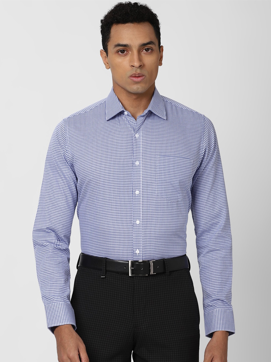 

Van Heusen Men Blue & White Slim Fit Micro Checks Checked Pure Cotton Formal Shirt