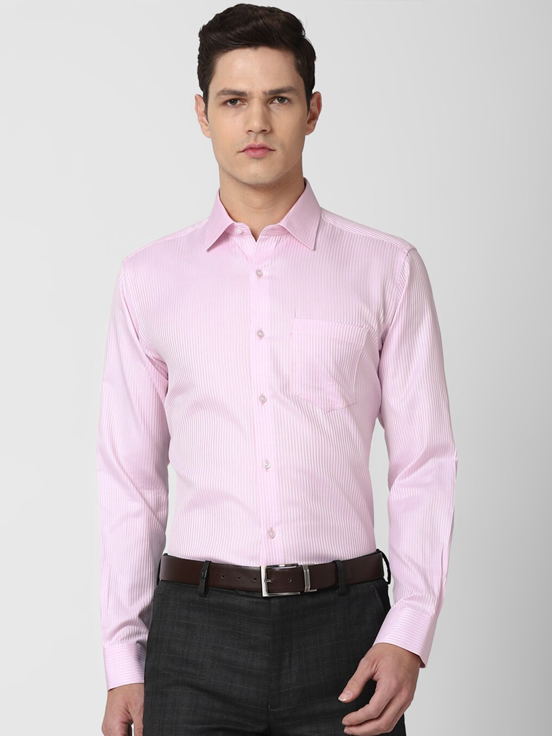 

Van Heusen Men Pink & White Striped Pure Cotton Formal Shirt