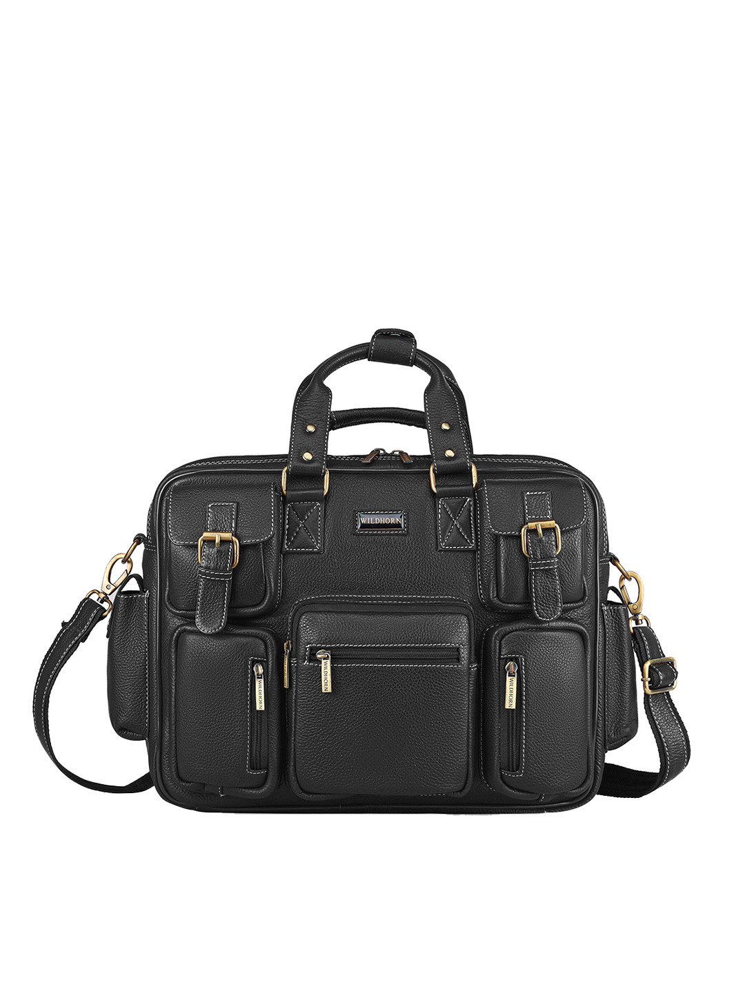 

WildHorn Men Black Textured Leather Laptop Bag
