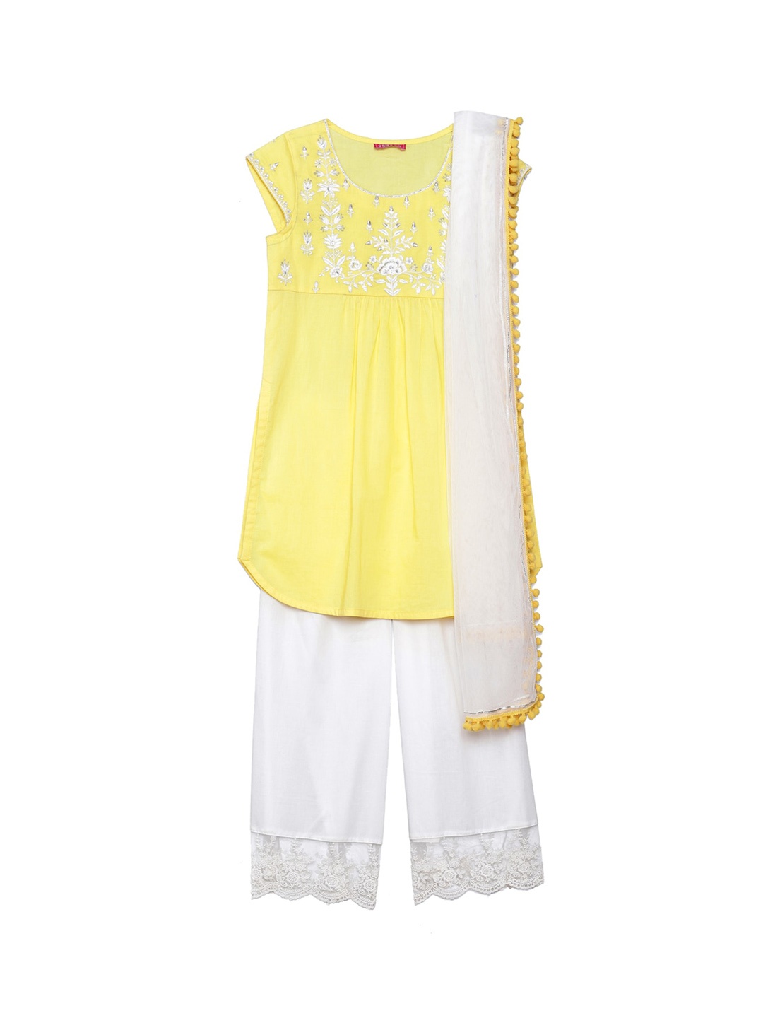 

Biba Girls Yellow & White Embroidered Pure Cotton Kurta with Palazzos & With Dupatta