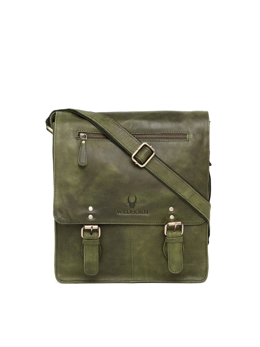 

WildHorn Men Green Textured Messenger Bag