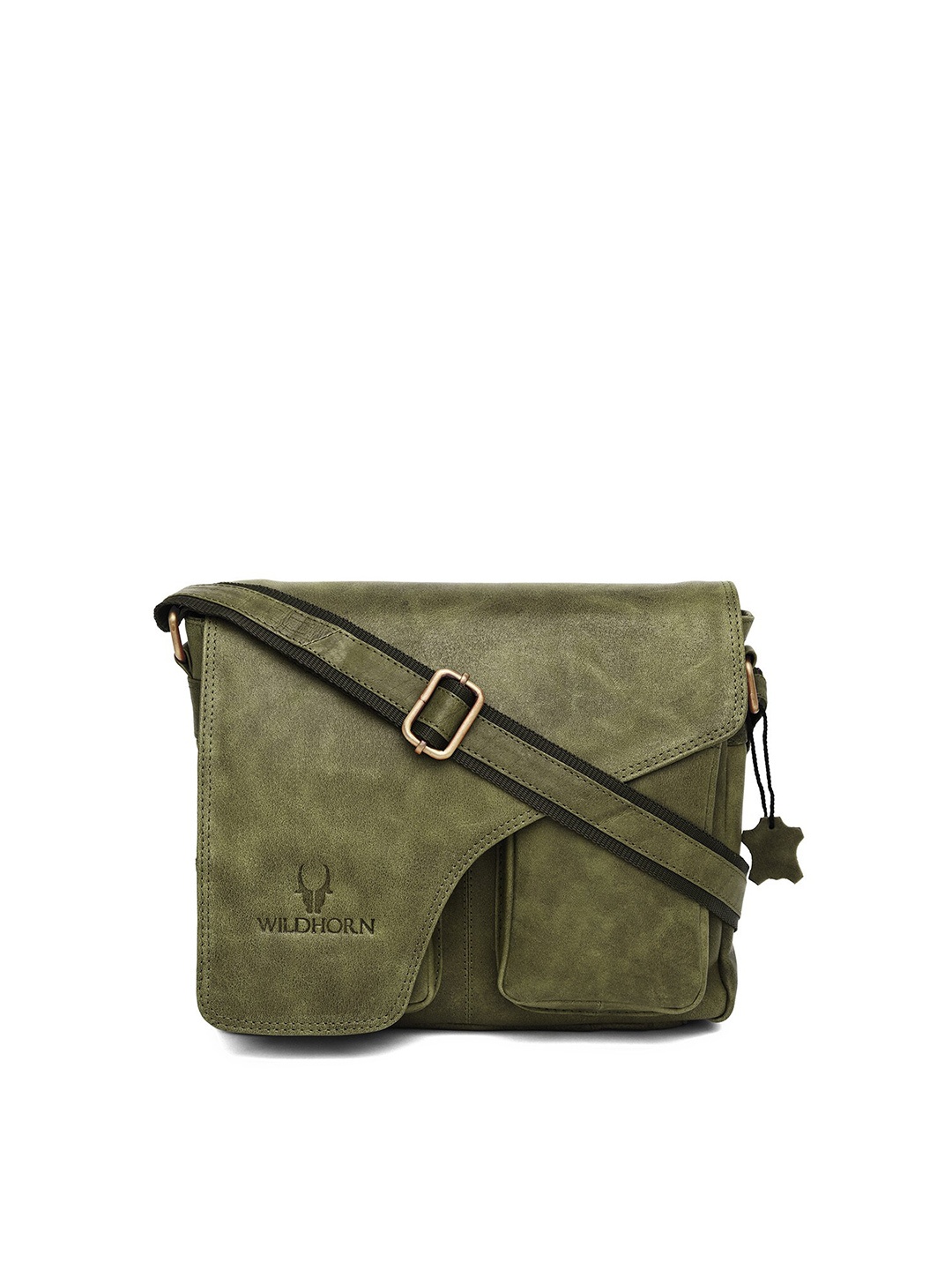 

WildHorn Men Green Textured Leather Messenger Bag