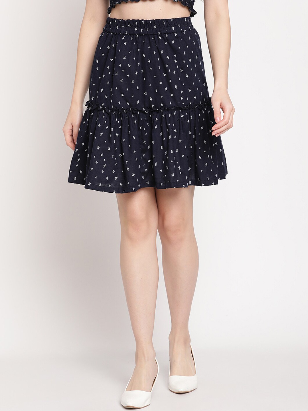 

TAG 7 Women Navy Blue & White Printed Pure Cotton Tiered Skirts