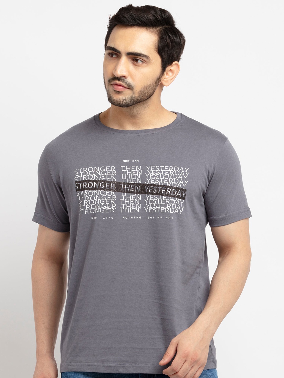 

Status Quo Men Charcoal Typography Printed Applique T-shirt