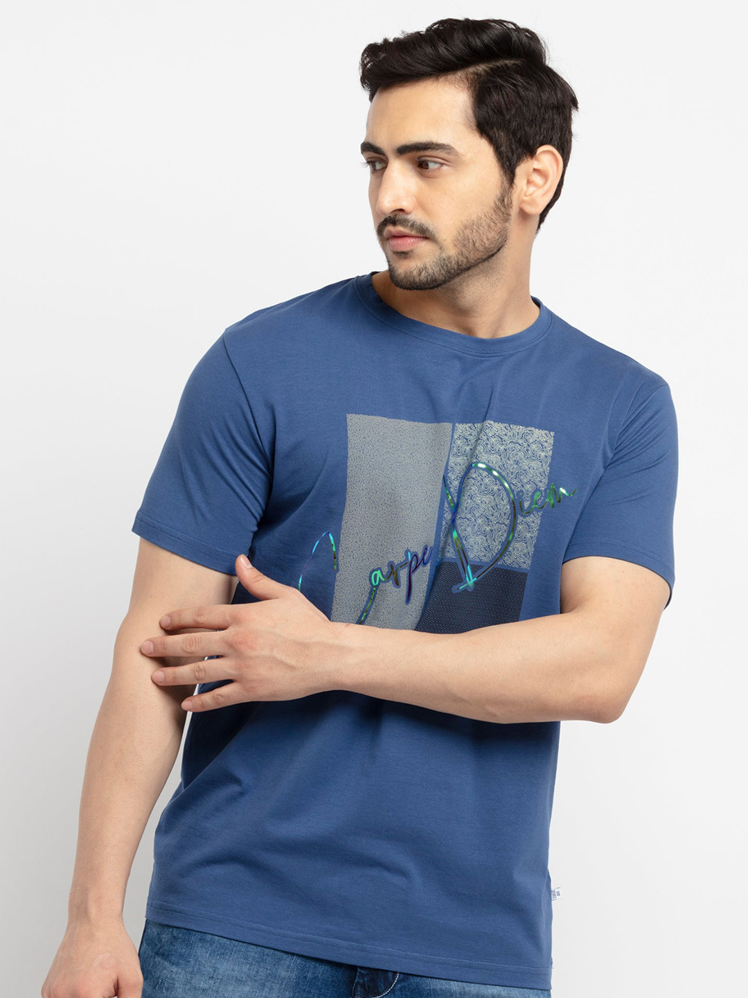 

Status Quo Men Plus Size Blue Printed Cotton Regular Fit T-shirt