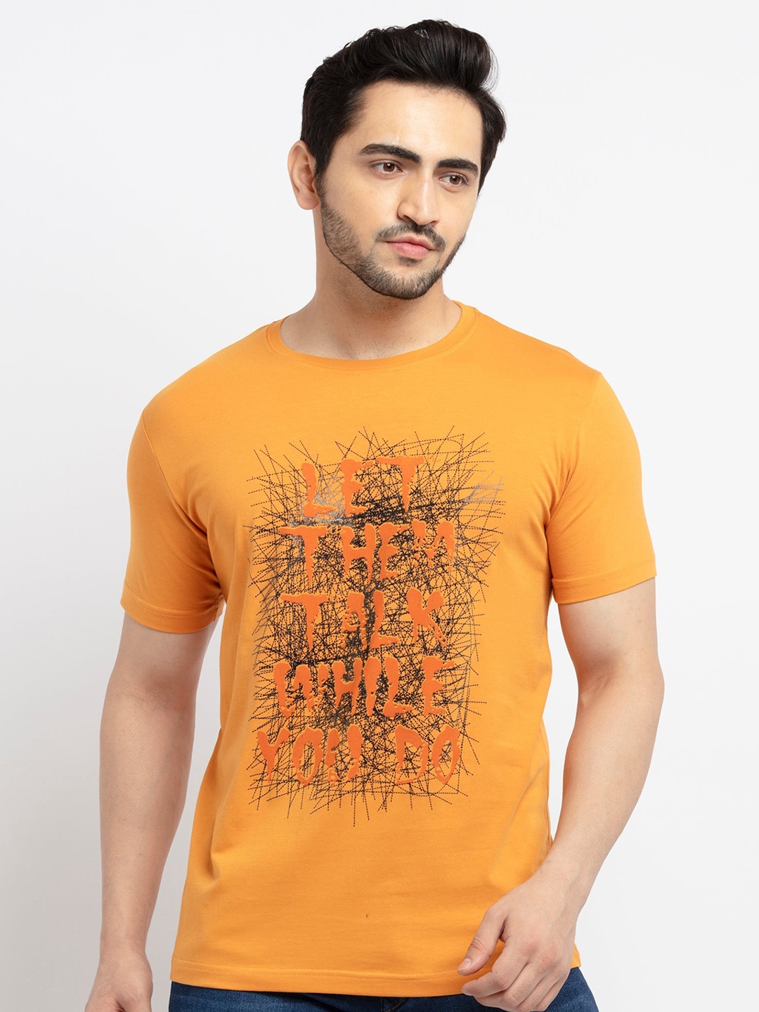 

Status Quo Men Mustard Yellow & Black Typography Printed T-shirt