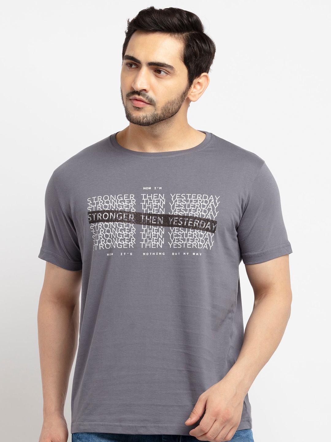 Status Quo Men Charcoal Cotton Typography Printed T-shirt