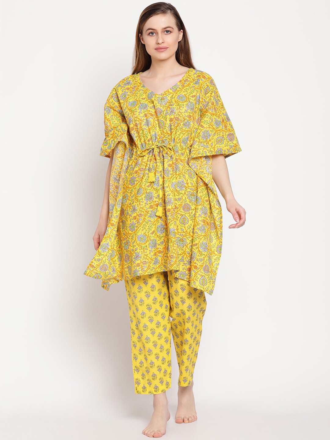 

TAG 7 Women Yellow & Blue Printed Kaftan Night suit