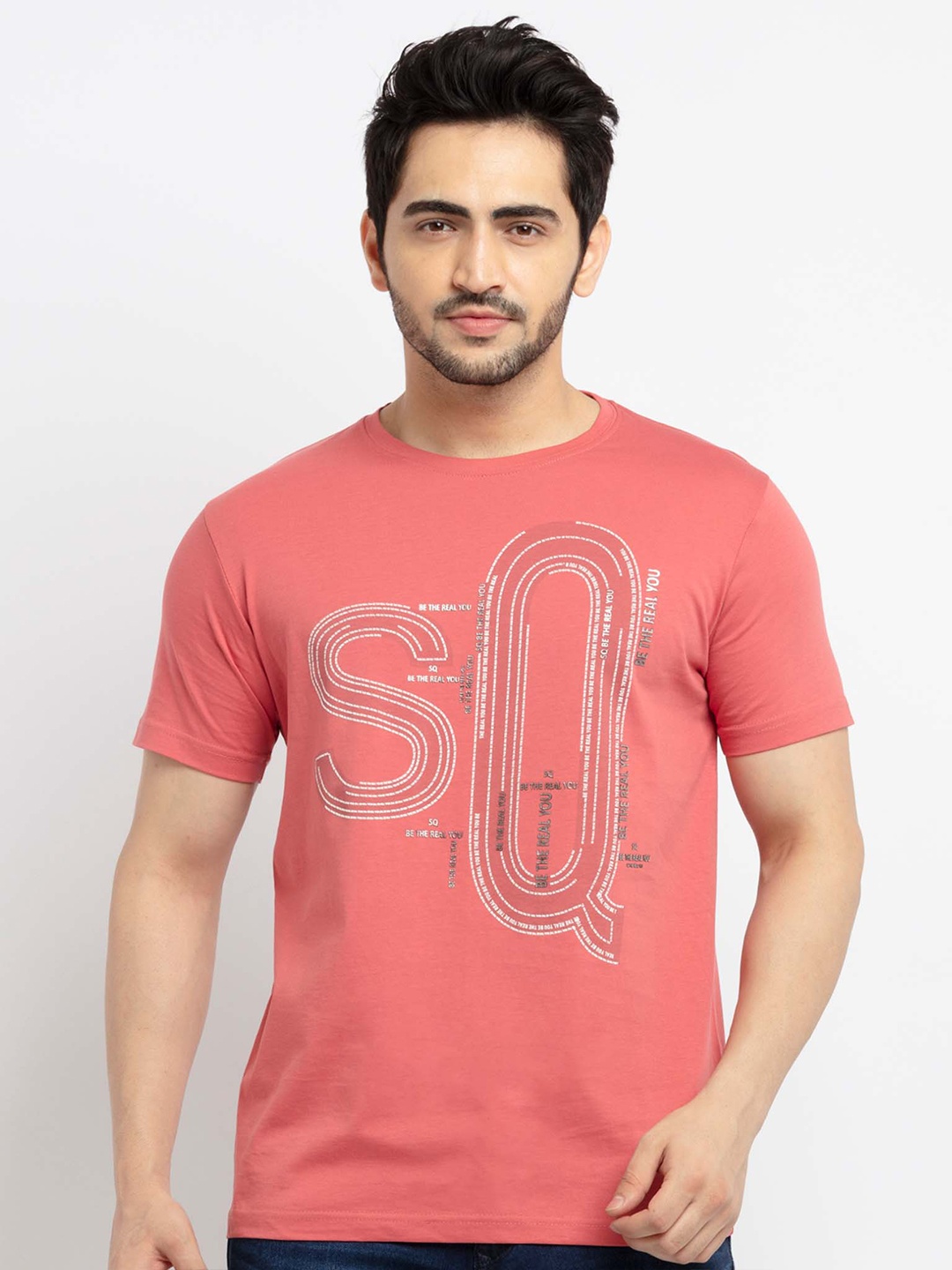 

Status Quo Men Coral Typography Printed Pockets T-shirt