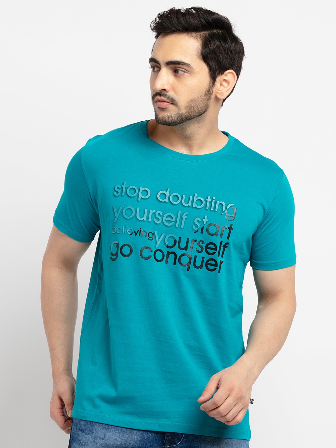 Status Quo Men Plus Size Turquoise Blue Typography Printed Cotton Regular Fit T-shirt