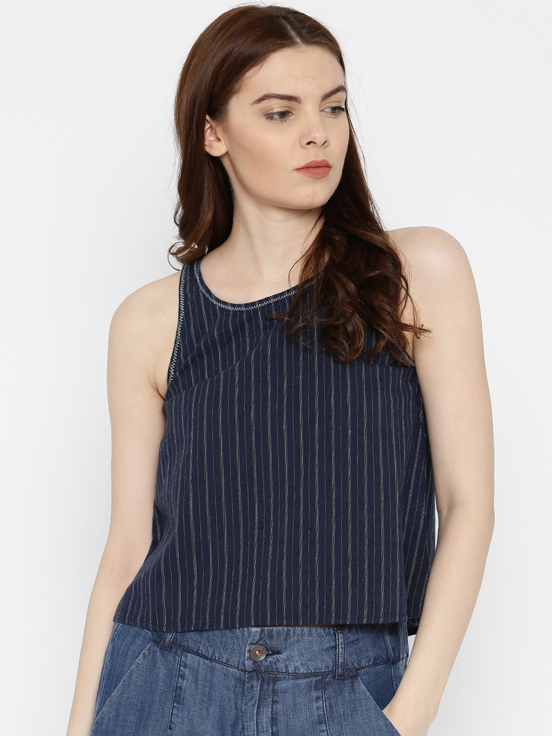 

Flying Machine Navy Blue Self-Design Crop Top