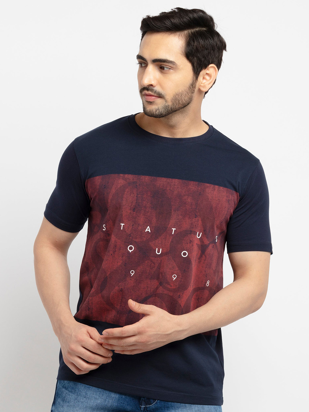 

Status Quo Men Navy Blue & Red Typography Printed Cotton T-shirt
