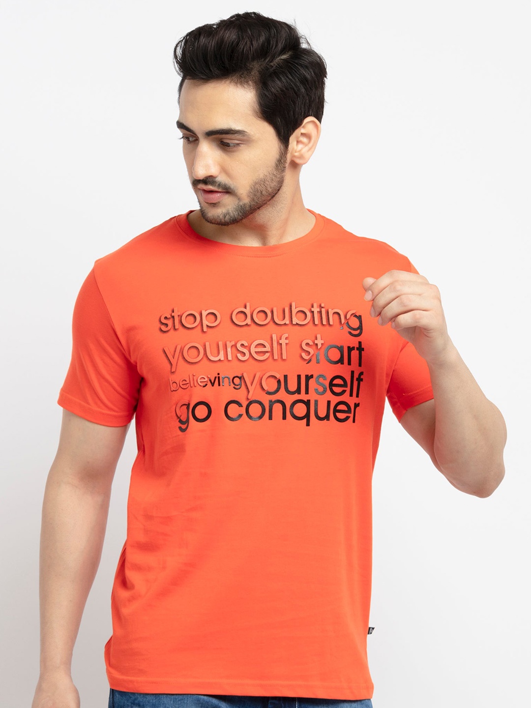 

Status Quo Men Orange Typography Printed T-shirt