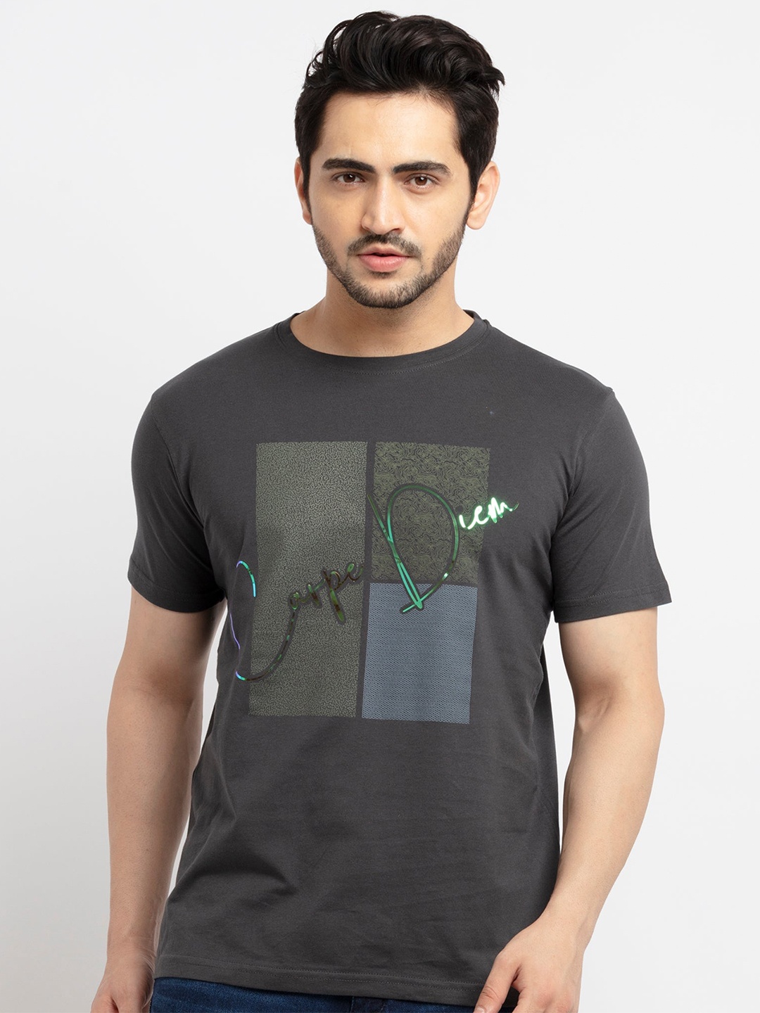 

Status Quo Men Charcoal Typography Printed T-shirt