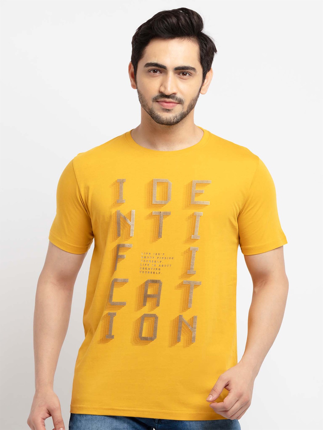 

Status Quo Men Mustard Yellow Typography Printed T-shirt