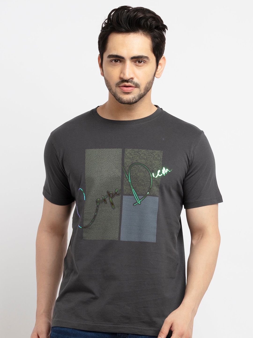 

Status Quo Men Charcoal Typography Printed Applique T-shirt