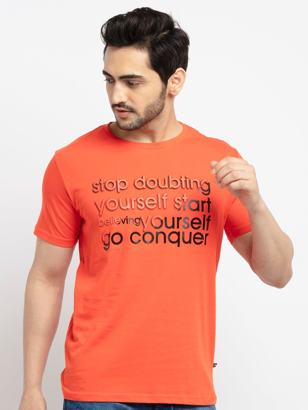 

Status Quo Men Orange & Black Typography Printed Cotton T-shirt