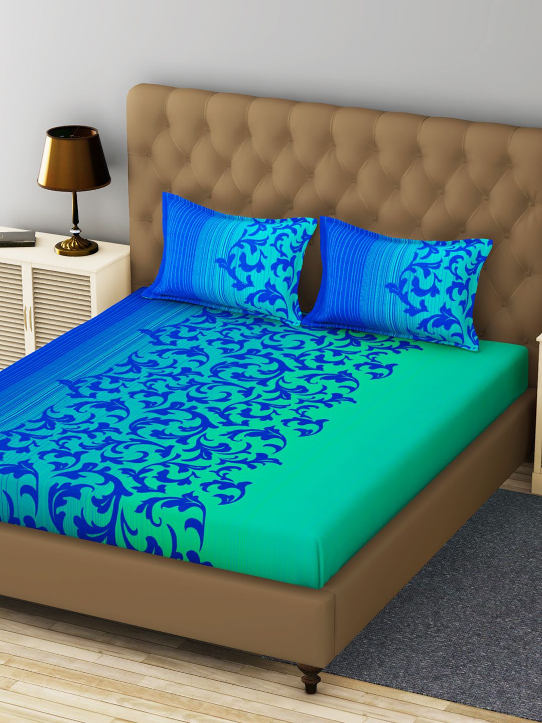 

BIANCA Blue & Green Floral Printed 200 TC King Size Bedsheet with 2 Pillow Covers