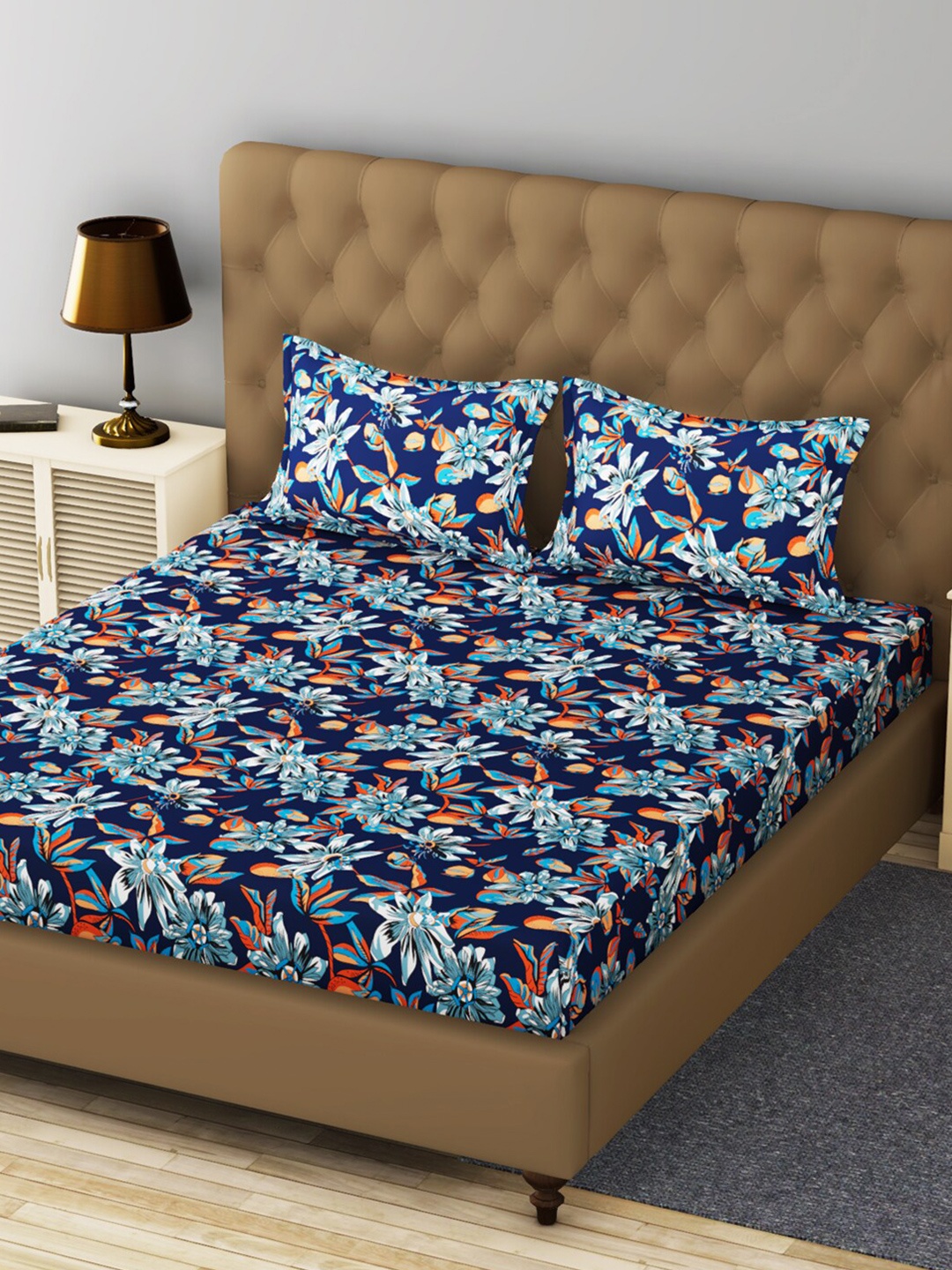 

BIANCA Navy Blue & Orange Floral 200 TC King Bedsheet with 2 Pillow Covers