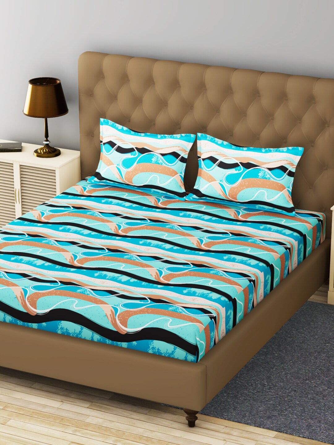 

BIANCA Blue & Brown Abstract Printed 200 TC King Bedsheet with 2 Pillow Covers