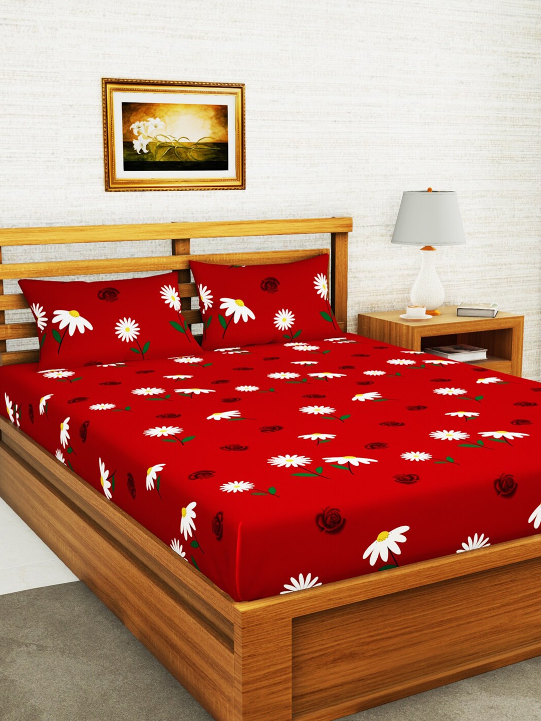 

BIANCA Red & White Floral 152 TC Queen Bedsheet with 2 Pillow Covers