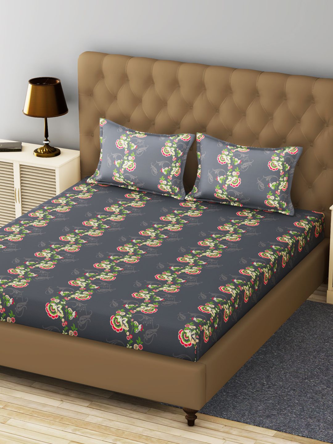 

BIANCA Grey & Cream-Coloured Floral 200 TC King Bedsheet with 2 Pillow Covers