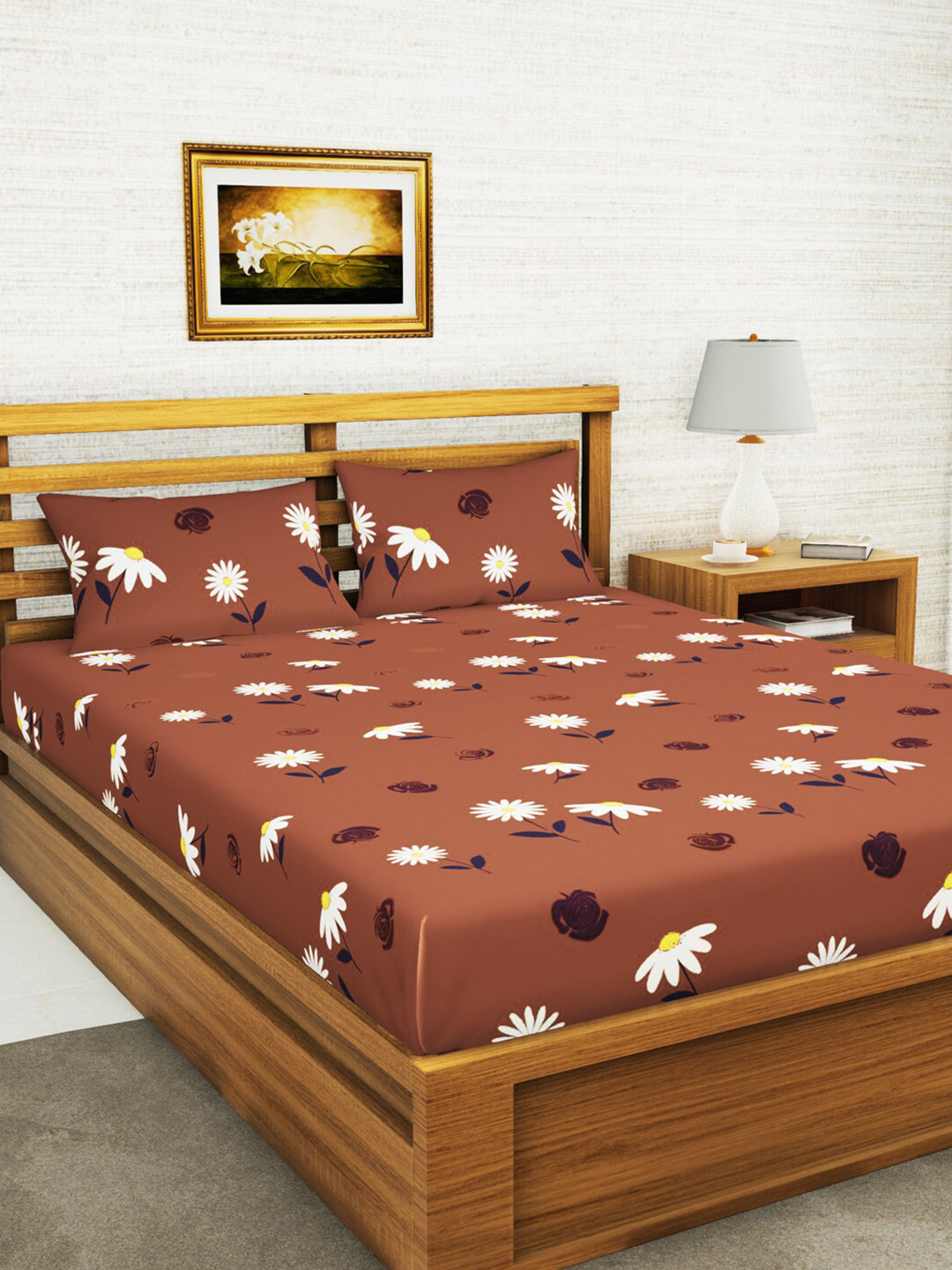

BIANCA Brown & White Floral Printed 152 TC Queen Size Bedsheet with 2 Pillow Covers