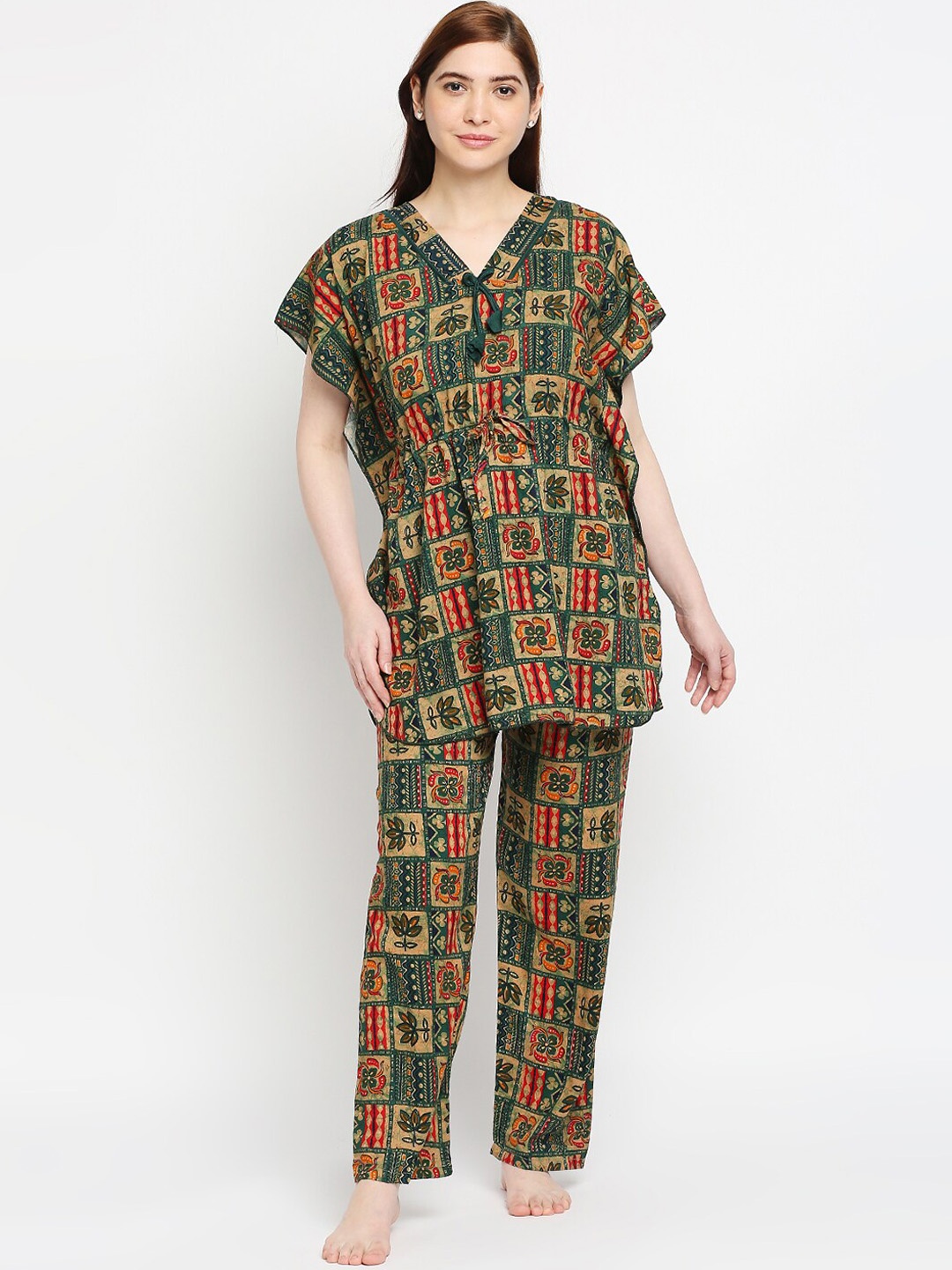 

Pretty Awesome Plus Size Women Navy Blue Printed Kaftan Cotton Night suits