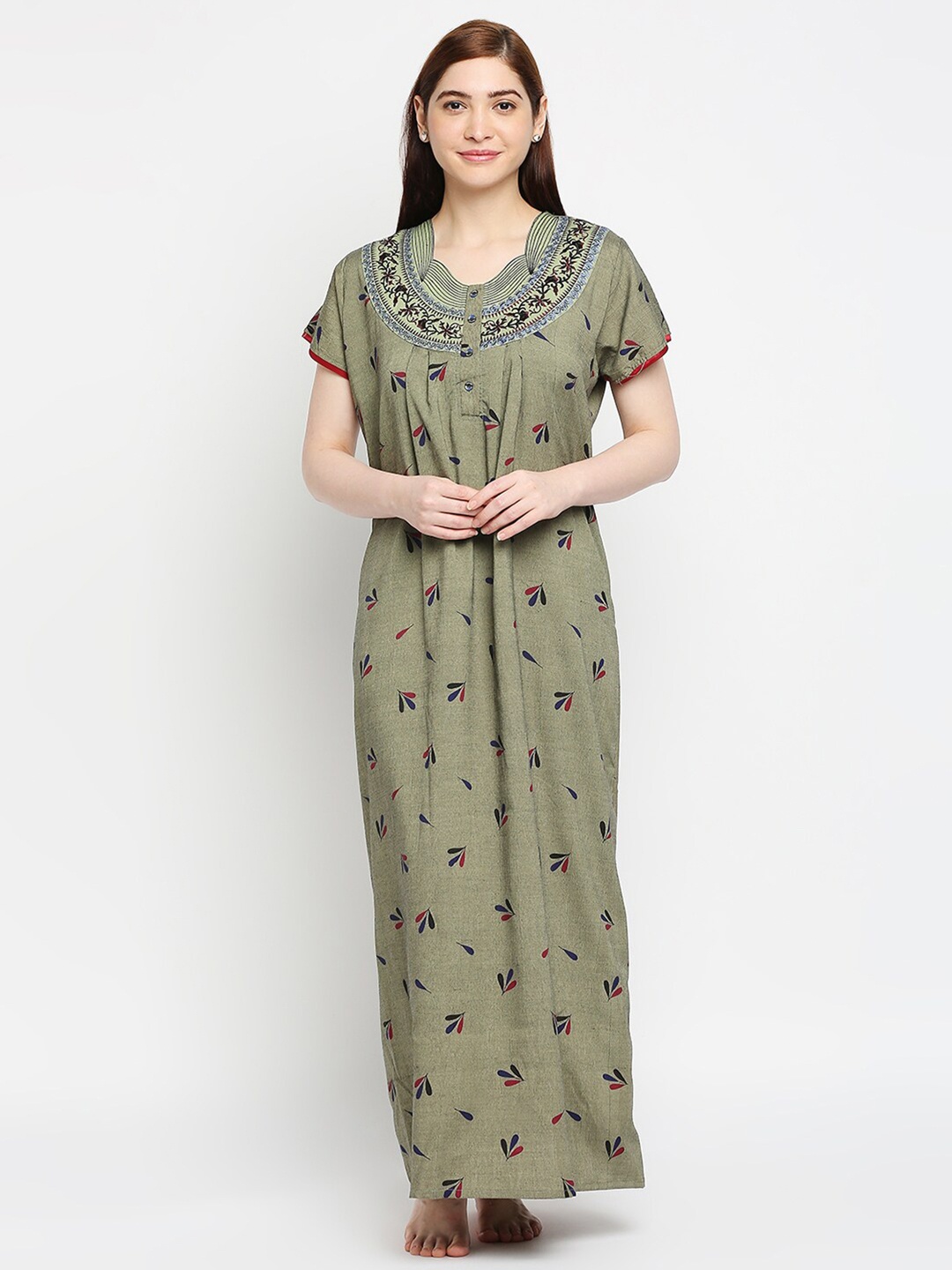 

Pretty Awesome Olive Green Printed Maxi Nightdress