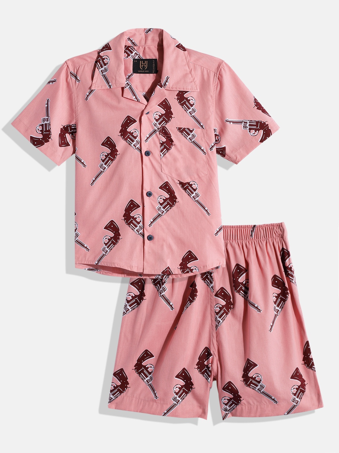 

URBAN HUG Kids Pink Printed Pure Cotton Shirt with Shorts