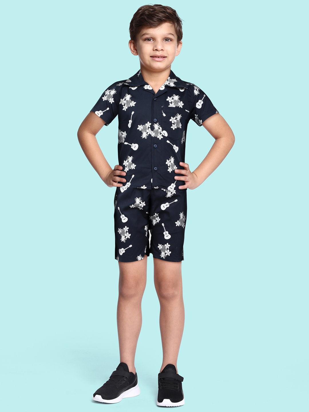 

URBAN HUG Kids Navy Blue Printed Shirt with Shorts