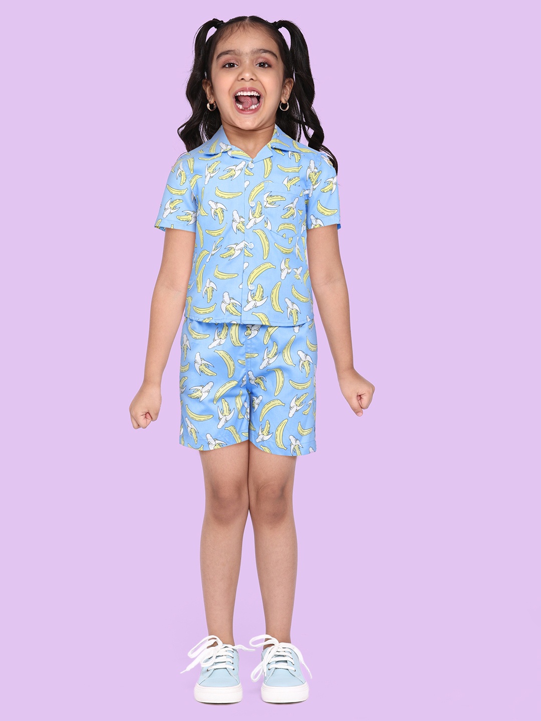 

URBAN HUG Kids Blue Printed Pure Cotton Shirt with Shorts