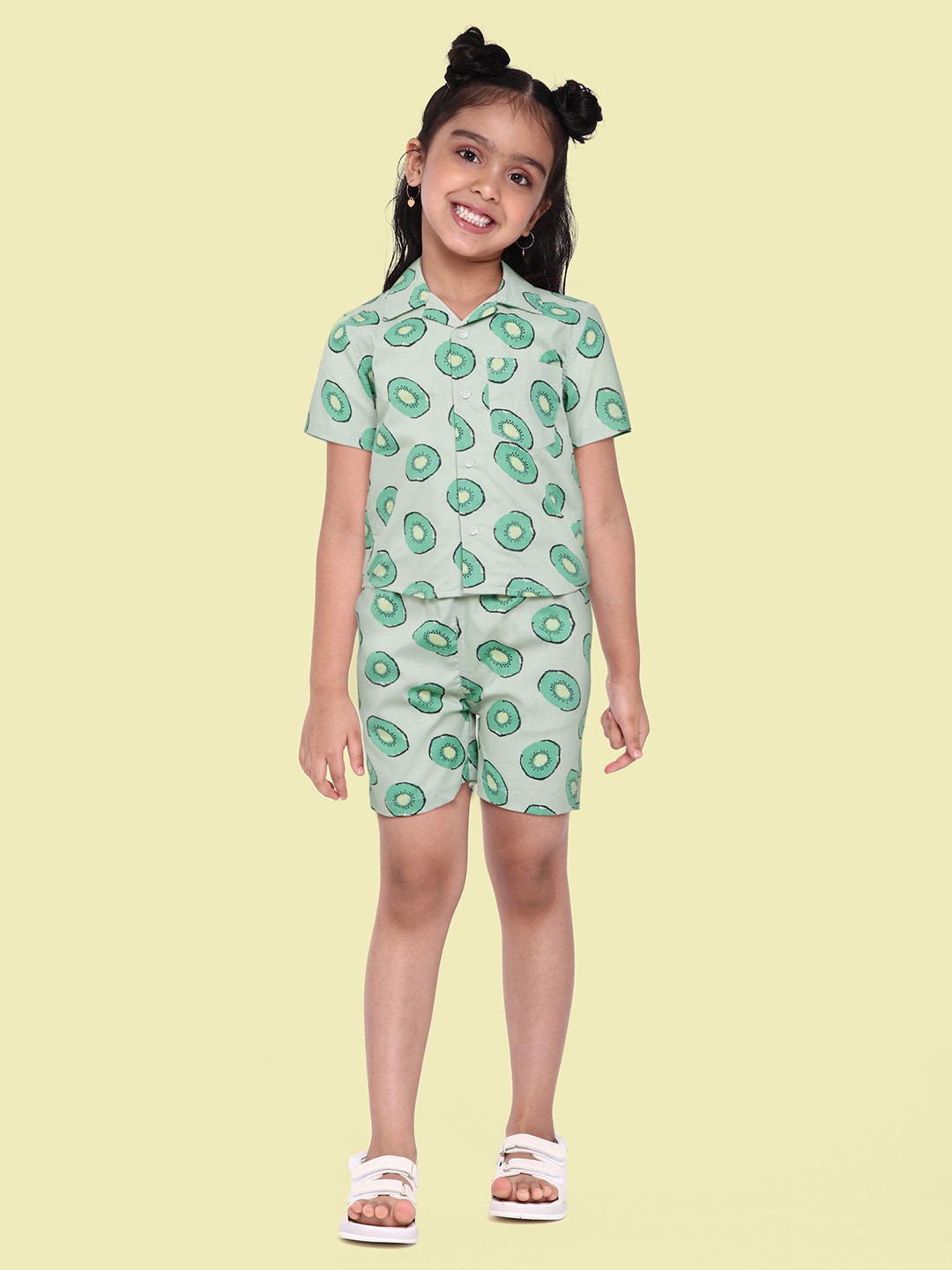 

URBAN HUG Kids Mint Green Conversational Printed Pure Cotton Shirt with Shorts
