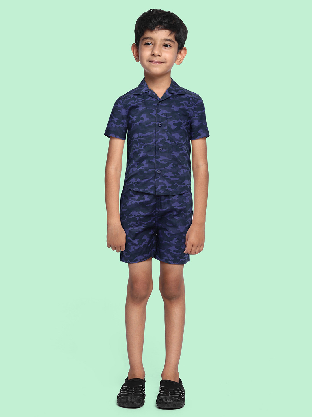 

URBAN HUG Kids Blue and Black Printed Shirt with Shorts, Multi