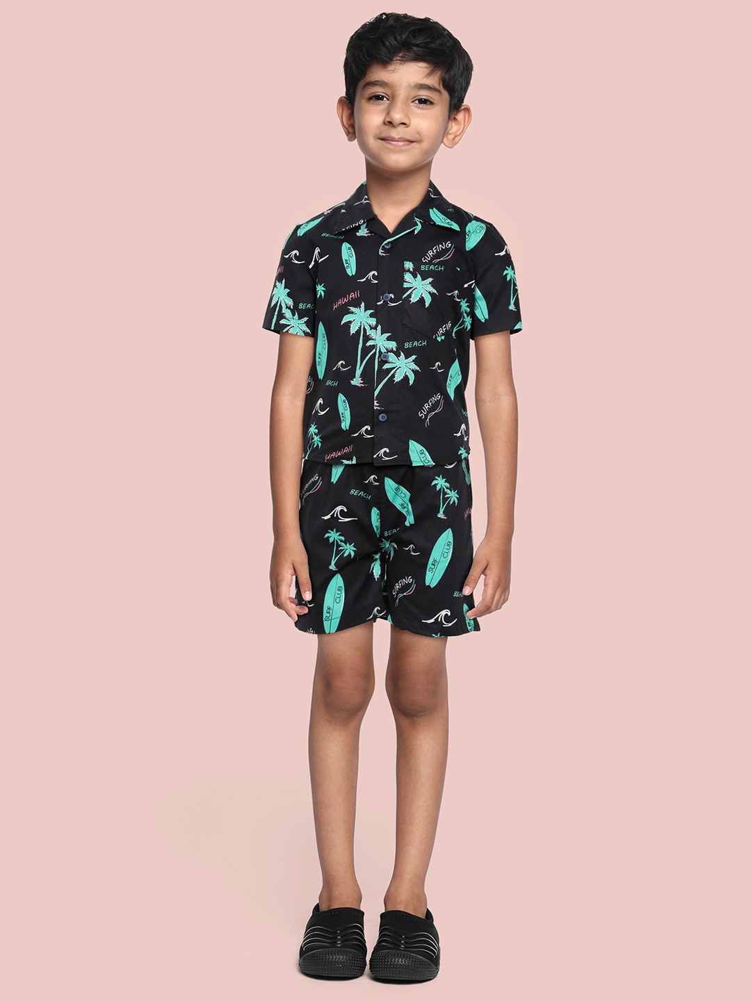 

URBAN HUG Kids Black Printed Shirt with Shorts