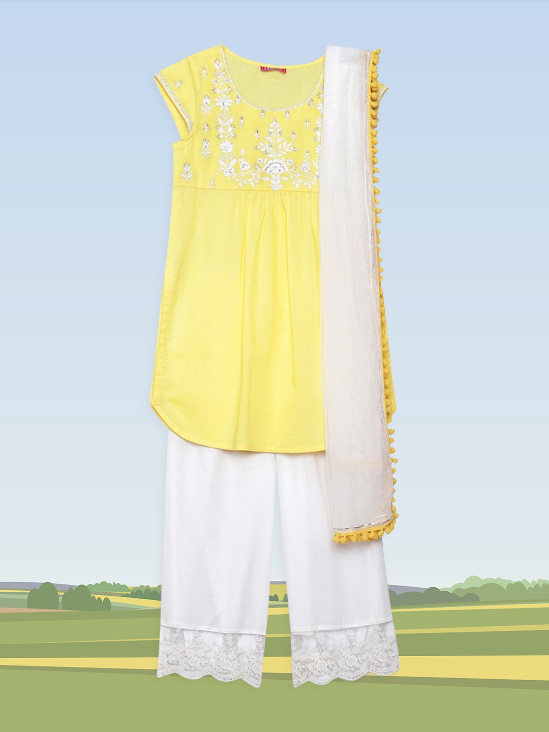 

Biba Girls Yellow Embroidered Pure Cotton Kurti With Palazzos & Dupatta