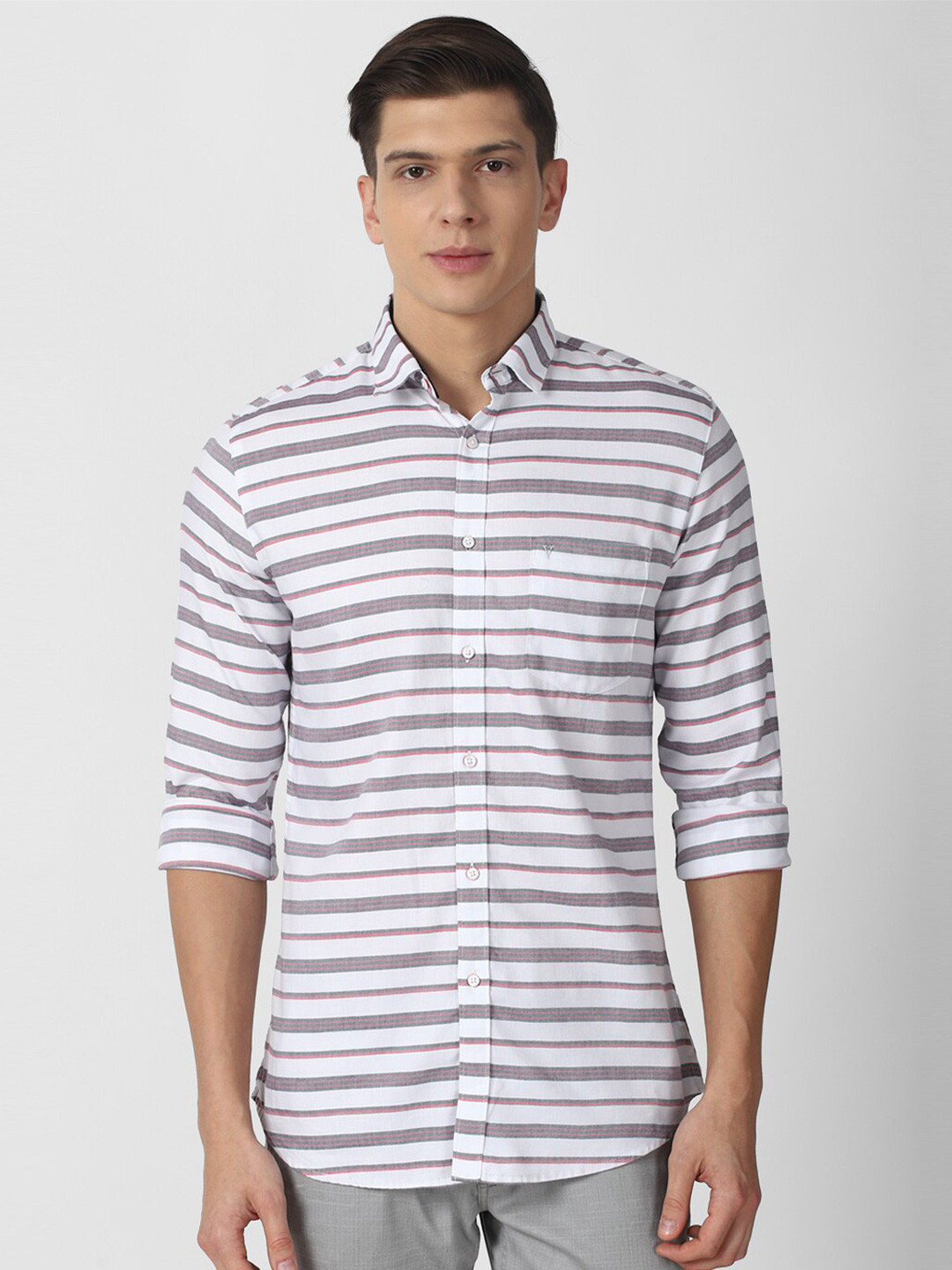

Van Heusen Sport Men Grey & White Slim Fit Horizontal Stripes Striped Casual Shirt