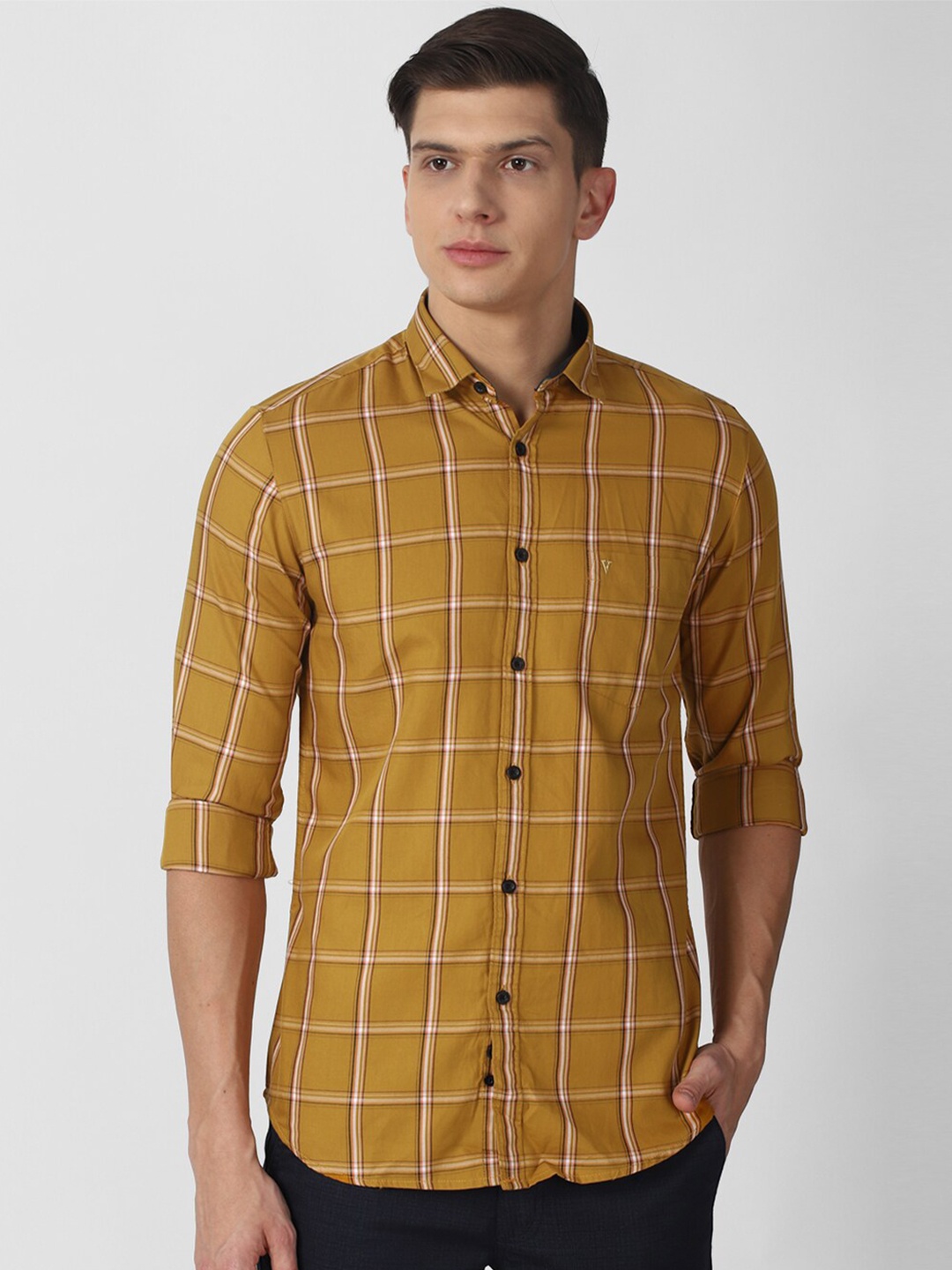 

Van Heusen Sport Men Mustard Yellow Slim Fit Checked Casual Shirt