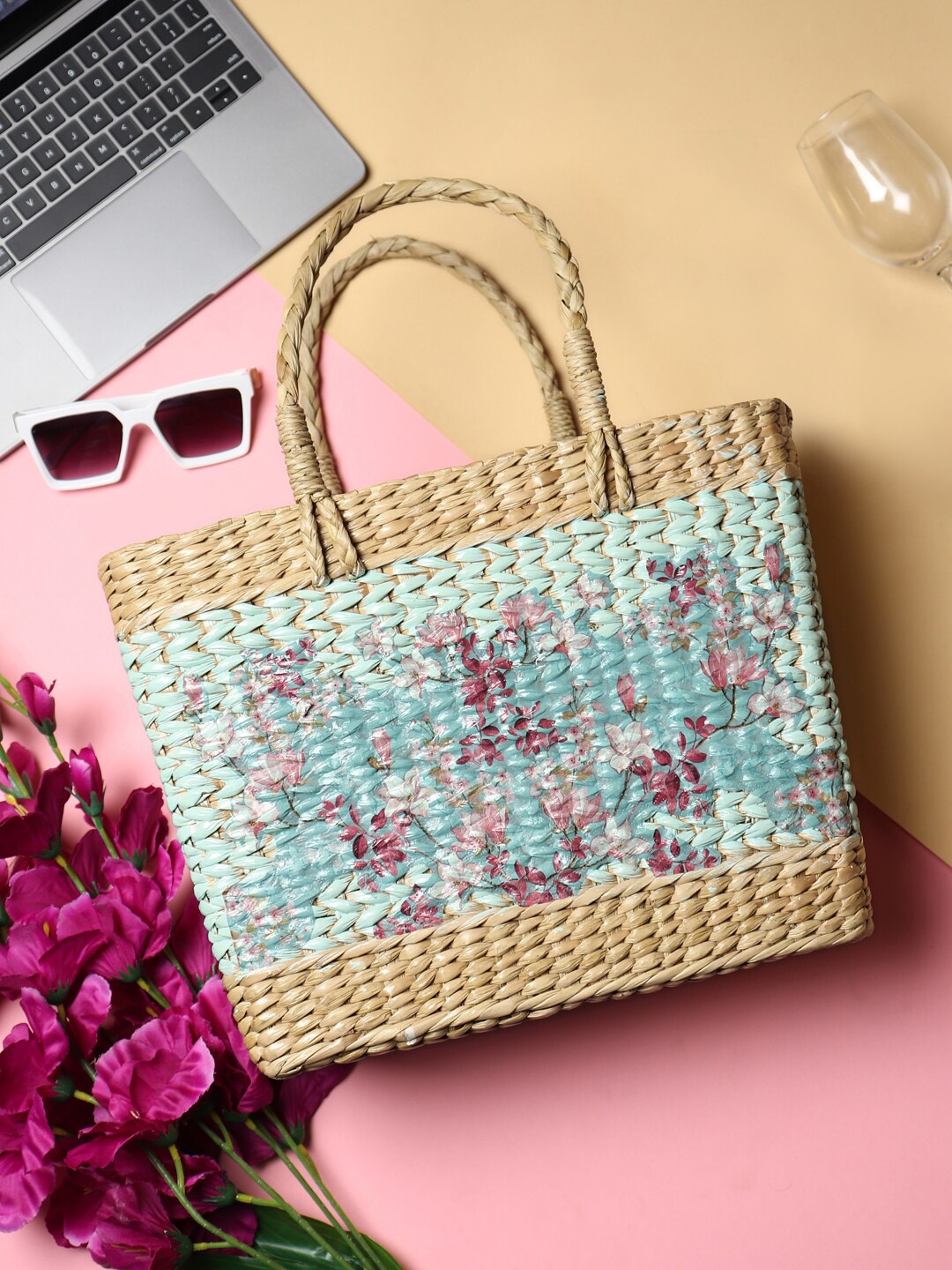 

HABERE INDIA Blue & Beige Printed Grass Storage Basket