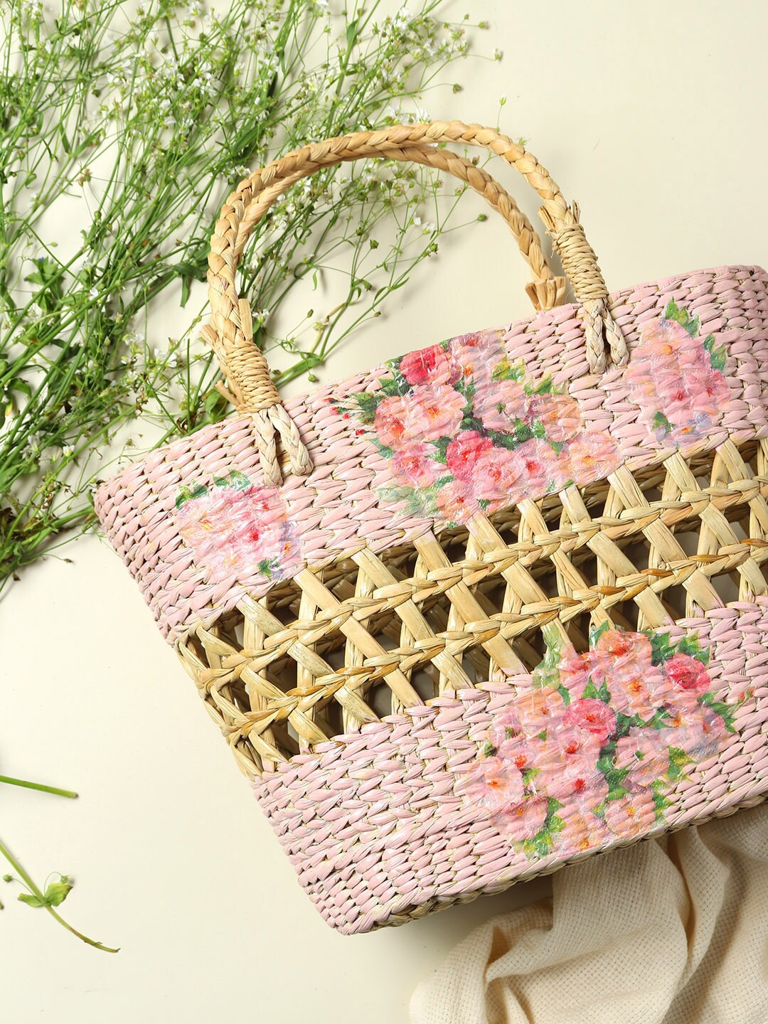 

HABERE INDIA Pink & Beige Printed Grass Storage Basket