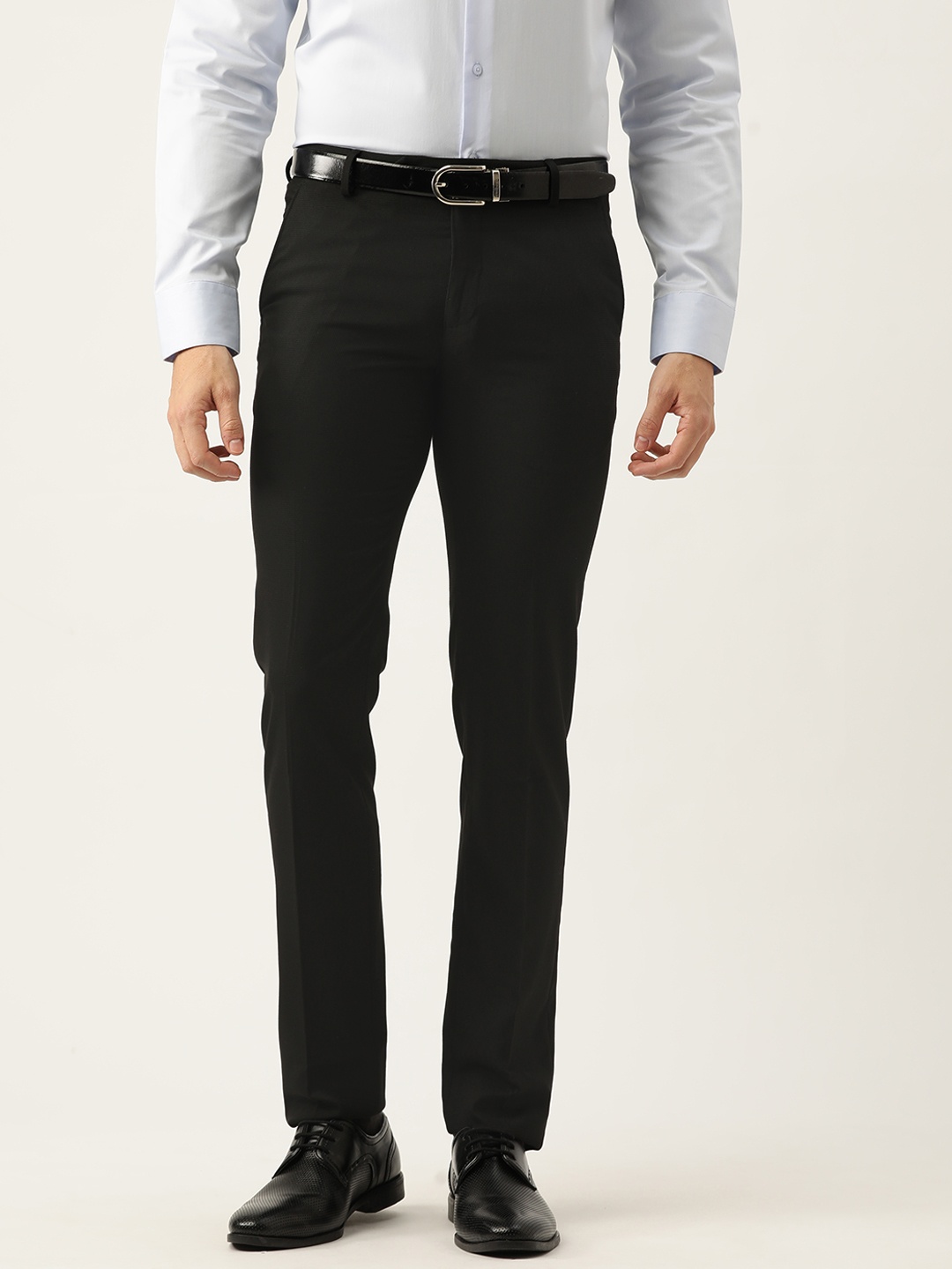 

Peter England Men Black Self Design Slim Fit Trousers
