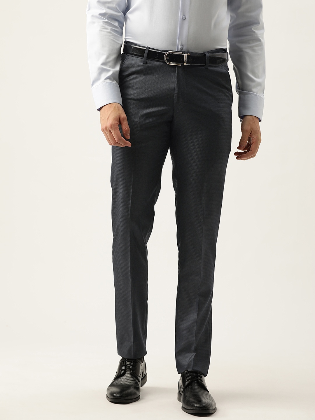 

Peter England Men Navy Blue Self Checked Slim Fit Trousers