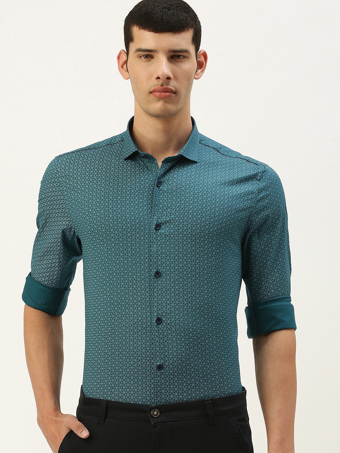 

Peter England Men Teal Micro Ditsy Printed Slim Fit Formal Shirt