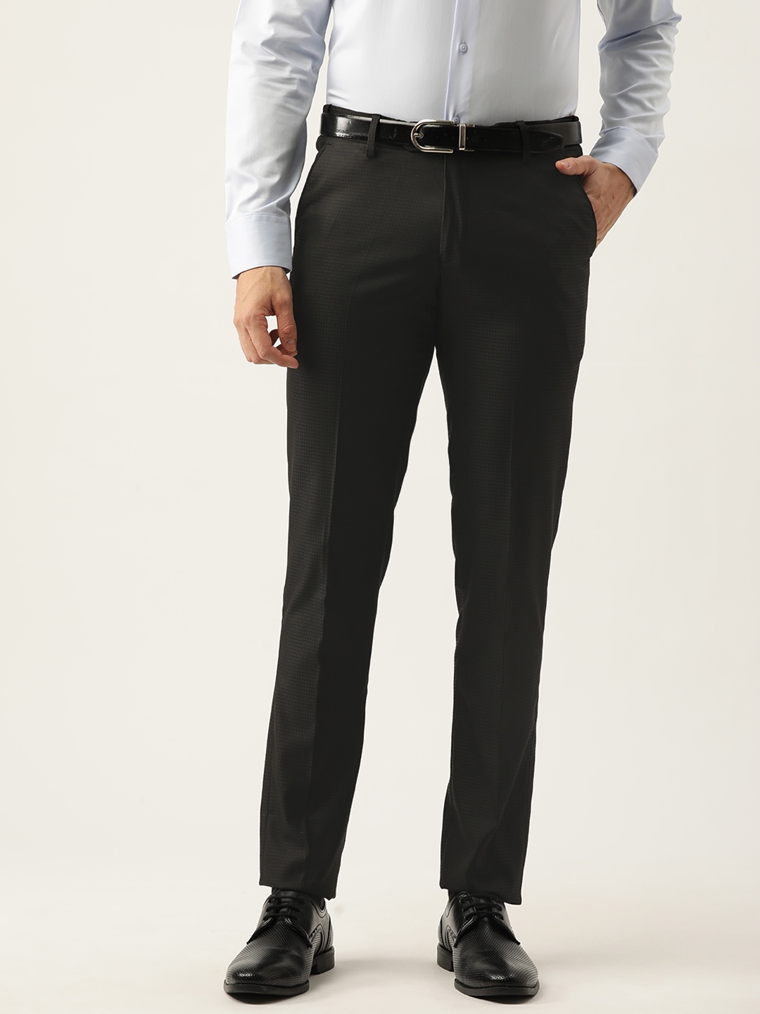 

Peter England Men Black Self Checked Slim Fit Trousers