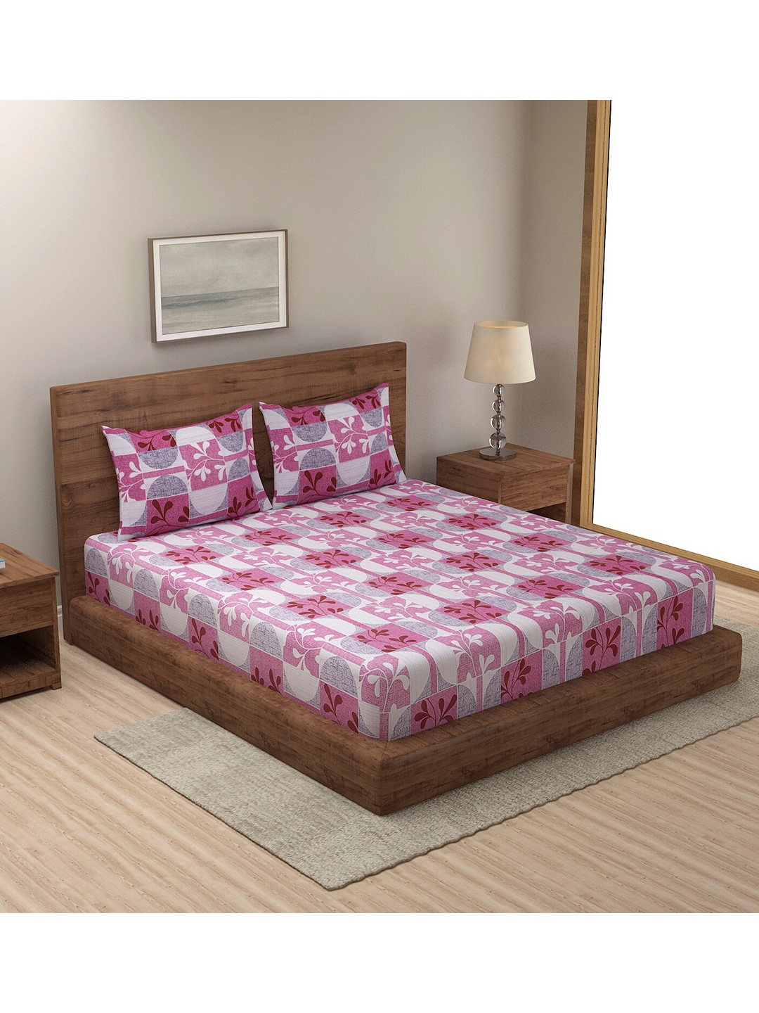 

Dhrohar Pink & White Floral 180 TC King Cotton Bedsheet with 2 Pillow Covers